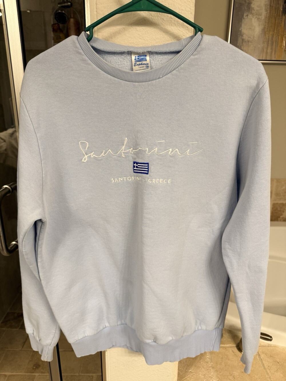 Santorini Greece Crewneck Sweatshirt Medium Blue Embroidered Travel Pullover
